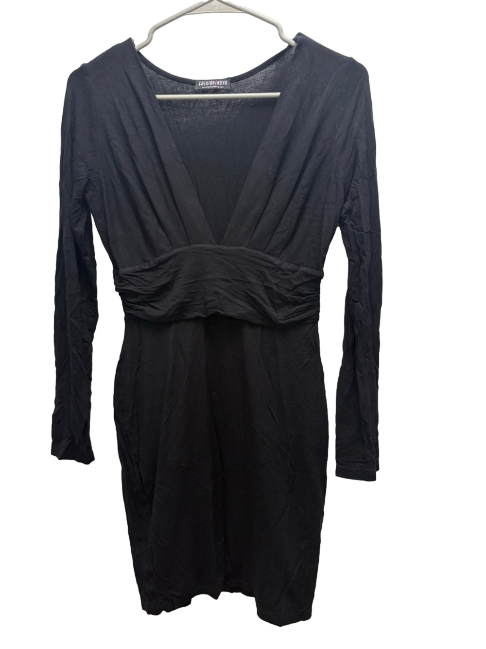 Fashion Nova Black Long Sleeve V-Neck Ruched Waist Dress
